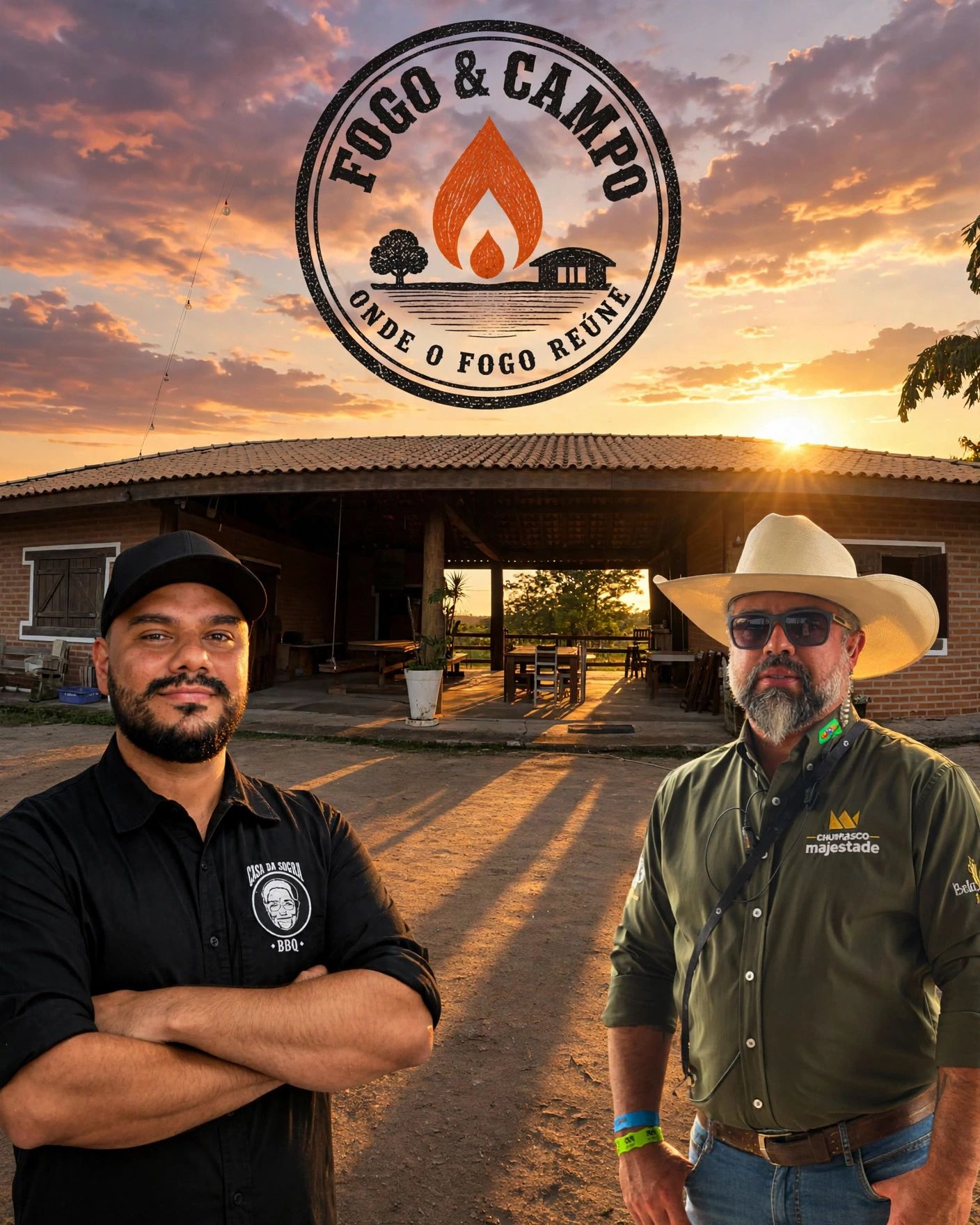 Cartaz oficial do Workshop Fogo & Campo, com Rafael Bueno e William Hory em frente ao rancho do Sítio Curva dos Ipês