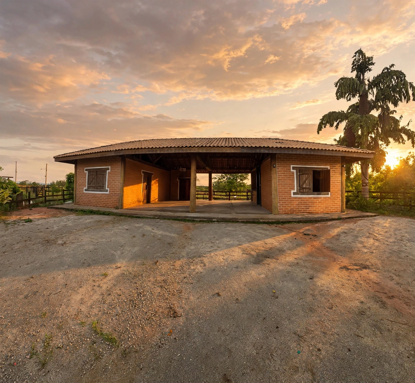 Fachada do salão do Sítio Curva dos Ipês ao entardecer, com telhado redondo e arco central aberto